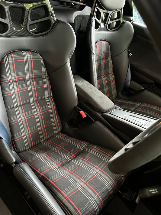 Seat insert cover set for cars with Porsche 918 fixed bucket seats - Red striped OE tartan